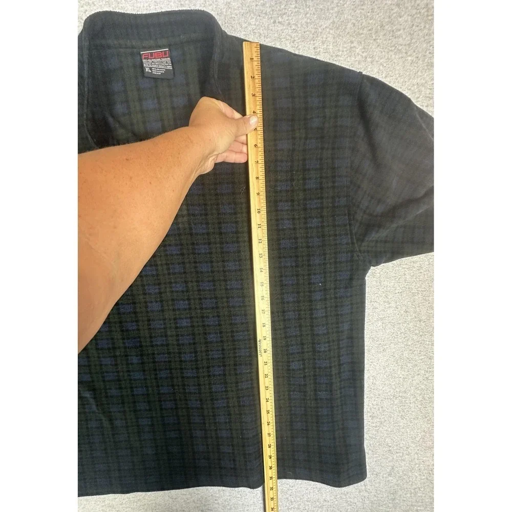 FUBU Shirt Mens XL‎ Green Blue Plaid Fleece Long Sleeve Polo Pullover Casual